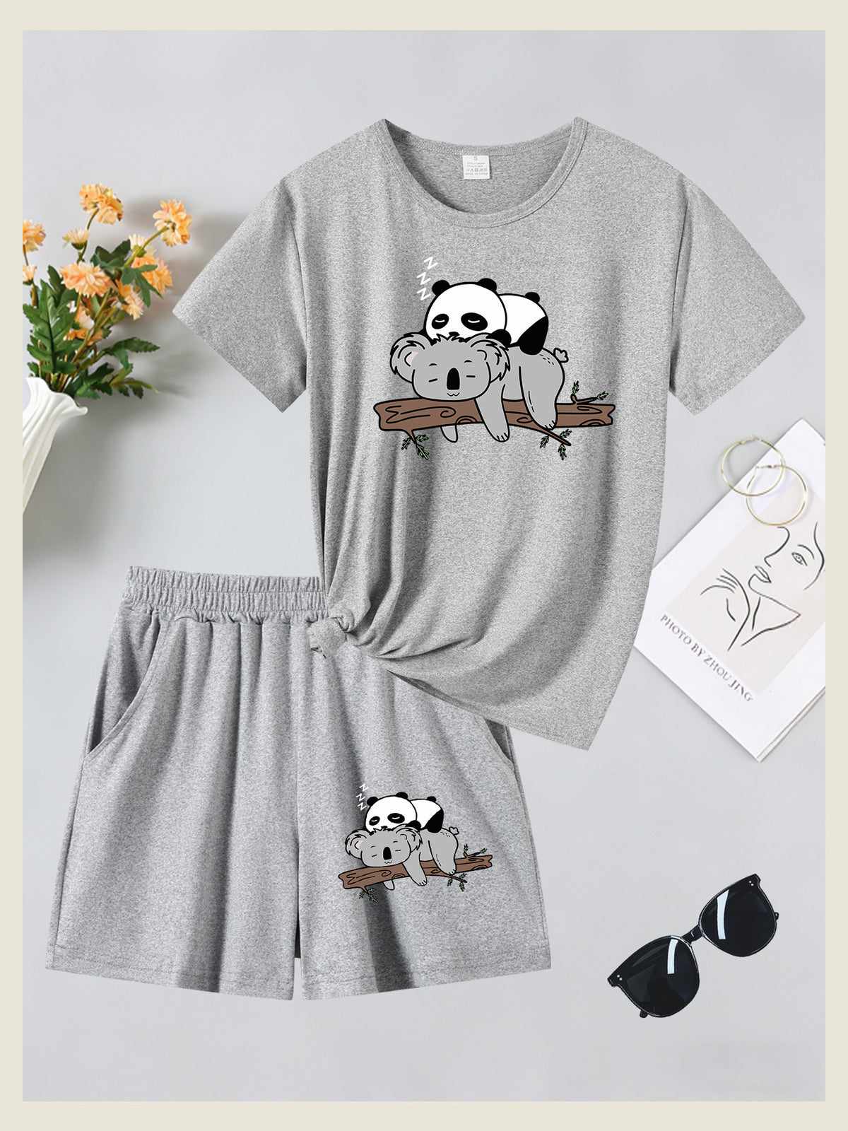 2pcs Women's Summer Short Sleeve Set—Panda Koala Cute Animal Print Short Sleeve Shorts Set, Comfortable, Soft, and Breathable for Sports and Daily Wear, Suitable for Back-to, Campus, Valentine's Day, Women's Pajamas, Jogging, Fitness, and as a Gift - Gray + Gray