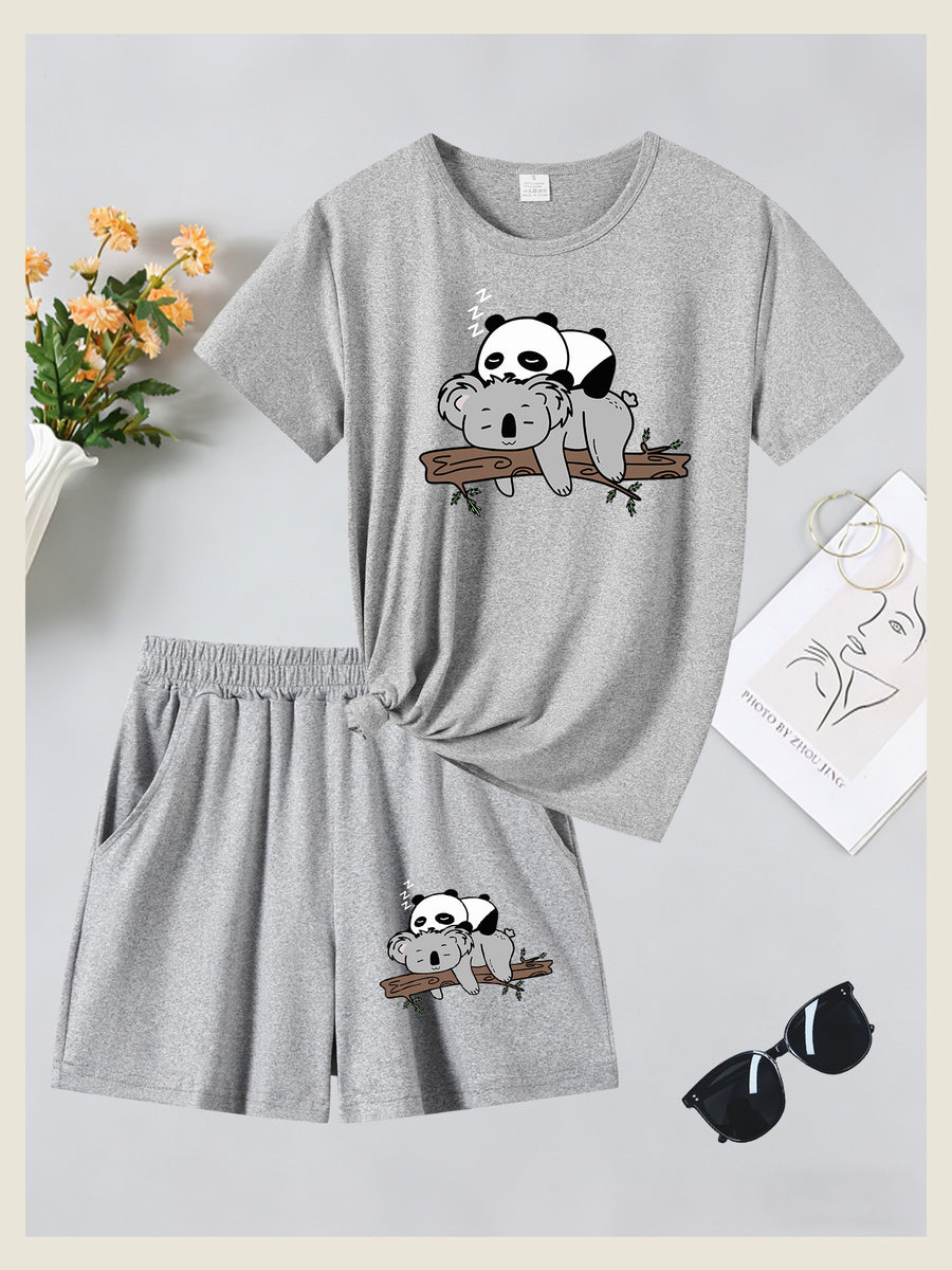 2pcs Women's Summer Short Sleeve Set—Panda Koala Cute Animal Print Short Sleeve Shorts Set, Comfortable, Soft, and Breathable for Sports and Daily Wear, Suitable for Back-to, Campus, Valentine's Day, Women's Pajamas, Jogging, Fitness, and as a Gift - Gray + Gray