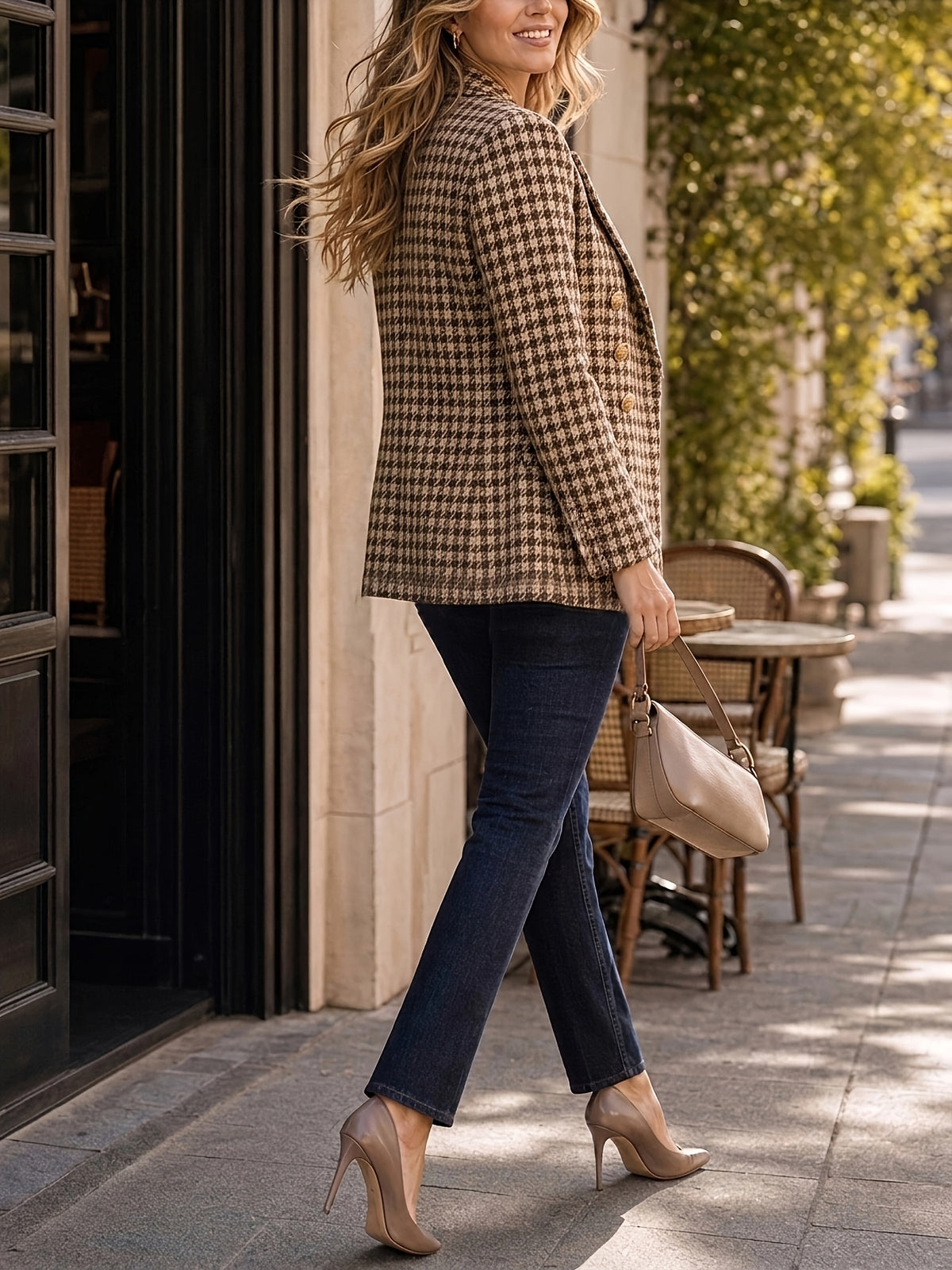 Autumn Winter New Style Exquisite Retro Houndstooth Suit Jacket Double-Breasted Long Sleeve Casual Versatile Top Suitable for Daily Office Street Wear with Lining And Pockets - Coffee Color