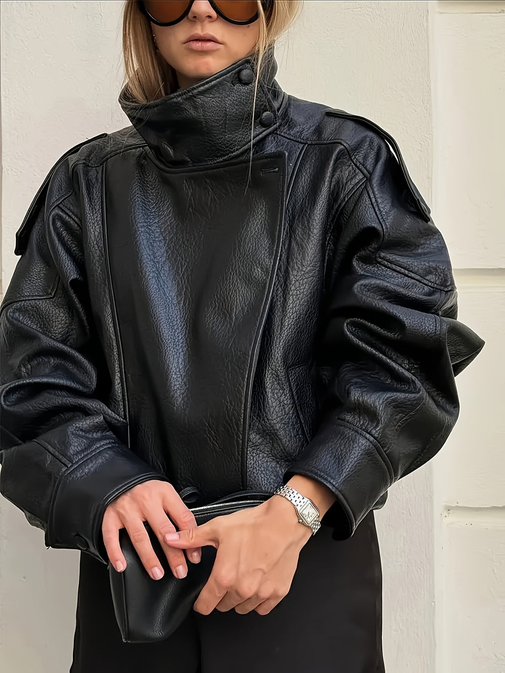 Women'S Loose Biker Jacket, High Collar Asymmetrical Zipper Street Casual Coat - Black