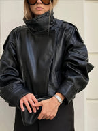 Women'S Loose Biker Jacket, High Collar Asymmetrical Zipper Street Casual Coat - Black