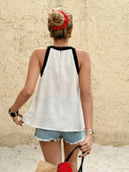 Women's Contrast Color Piping Round Neck Sleeveless Simple Design Top, Asymmetric Hem Sleeveless Top with Contrast Color Piping, Coarse-Spun Fabric, Halter Neck Wrap-Style Casual Versatile Camisole, White Top, Fresh Artistic Feel, Suitable for Summer - White