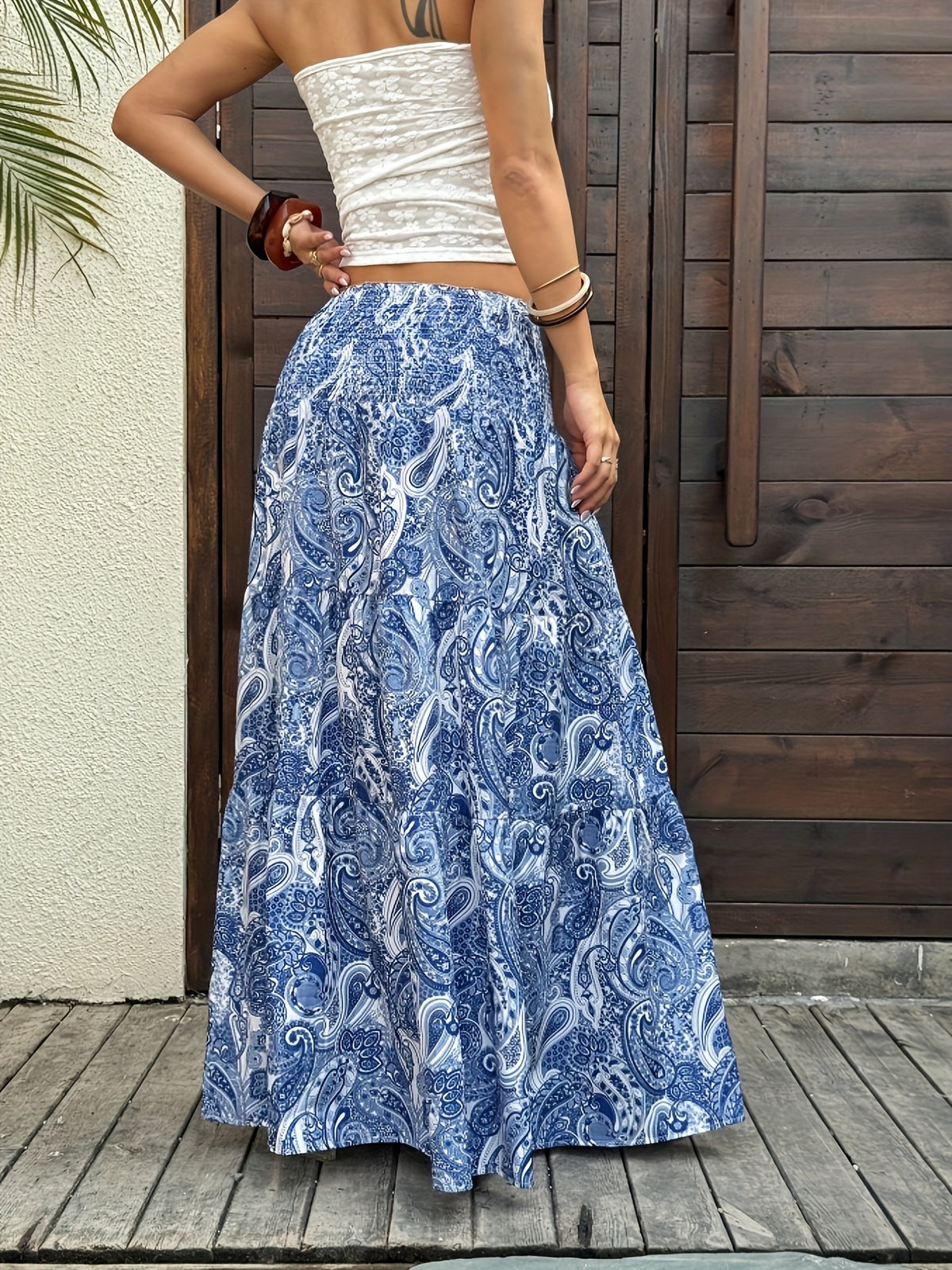 Women's Bohemian Summer Dress - Gypsy Print Maxi Skirt - High Waist, Flared A-Line with Geometric Pattern, Slim Fit Long Flowy Hem for Elegant Casual Beach and Outdoor Outfits - Royal Blue