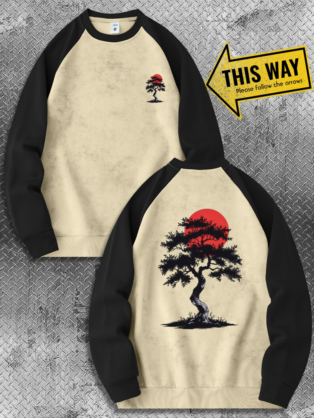Men'S New Trendy Autumn And Winter Color-Blocked Round-Neck Sweatshirt, Casual And Comfortable with a Bit of Stretch, Featuring a Bonsai Tree Print, Perfect As a Gift for Men - Black