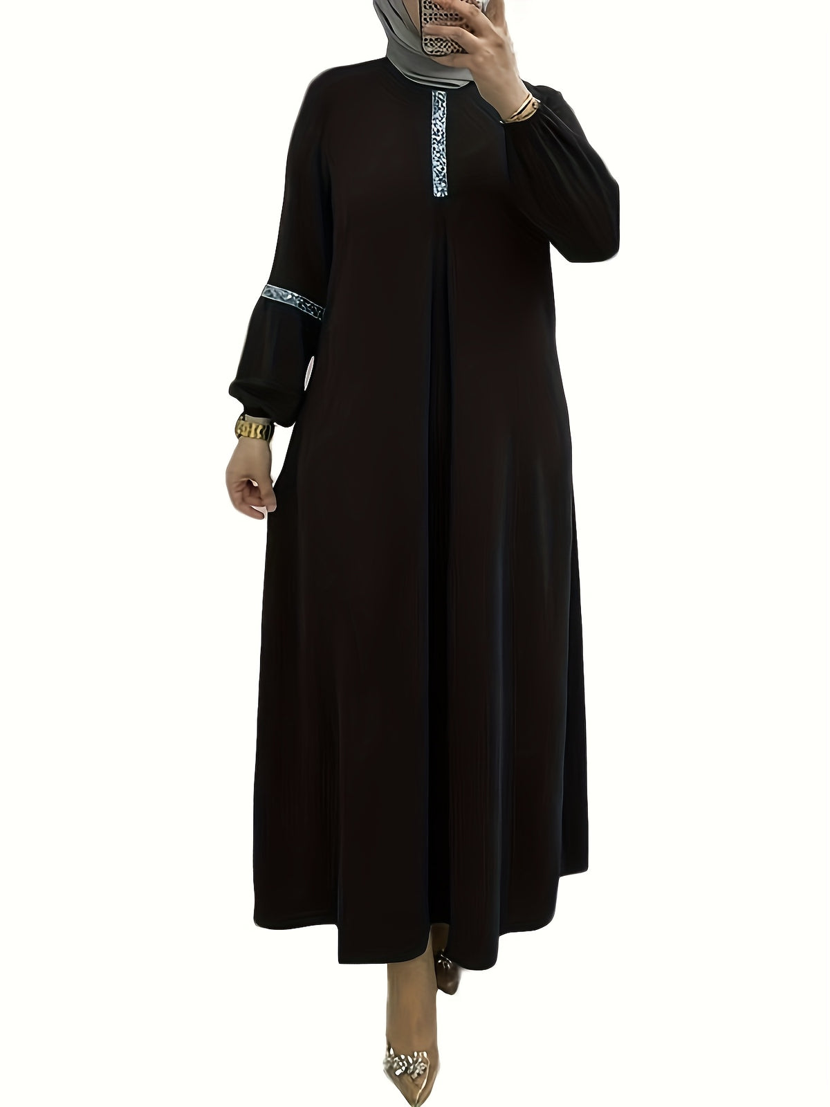 Middle Eastern Long Sequin Patchwork Dress Gown - Black