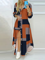 Geometric Color Block Printed Long Sleeve Casual Dress - Coral
