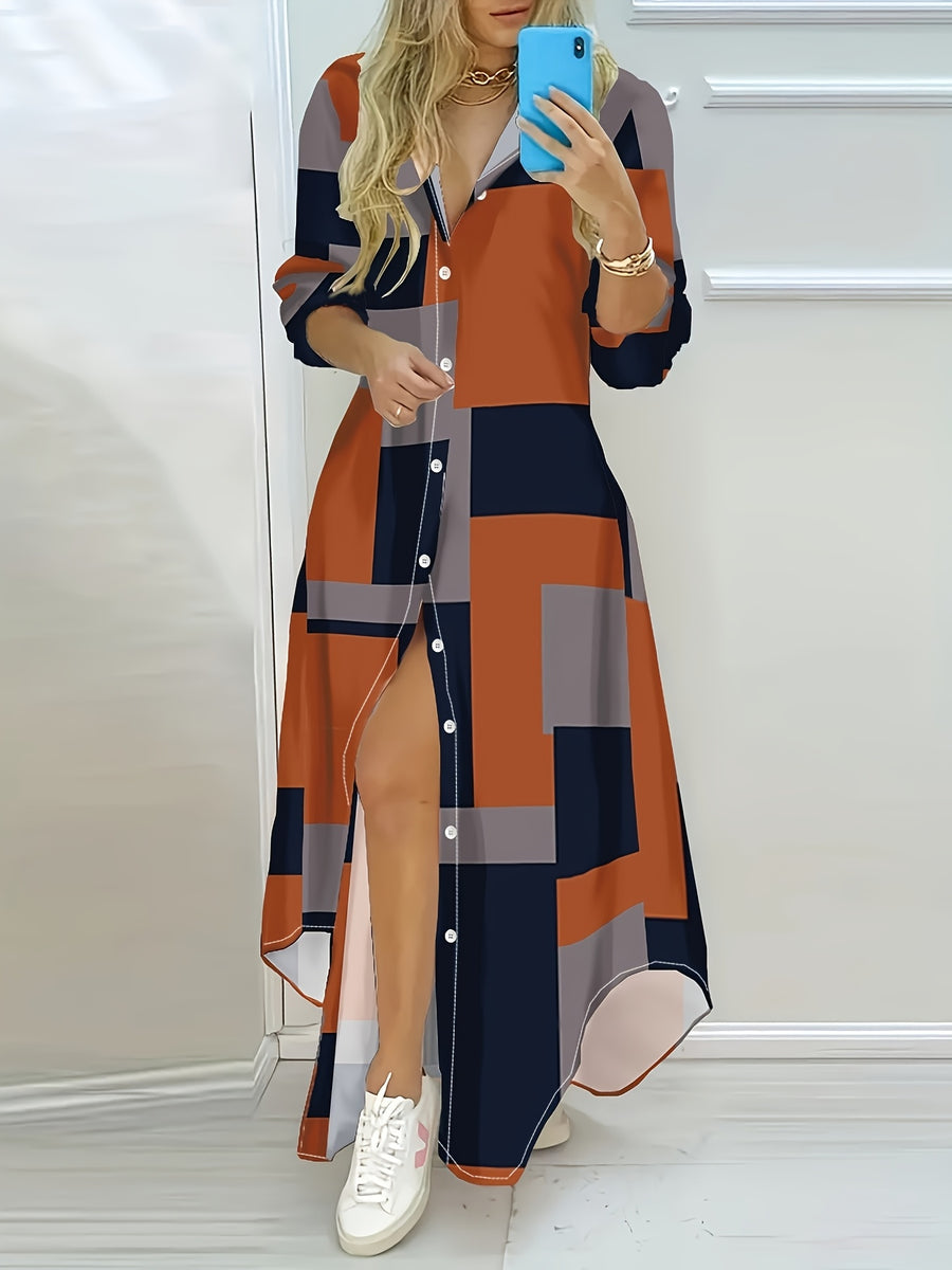 Geometric Color Block Printed Long Sleeve Casual Dress - Coral