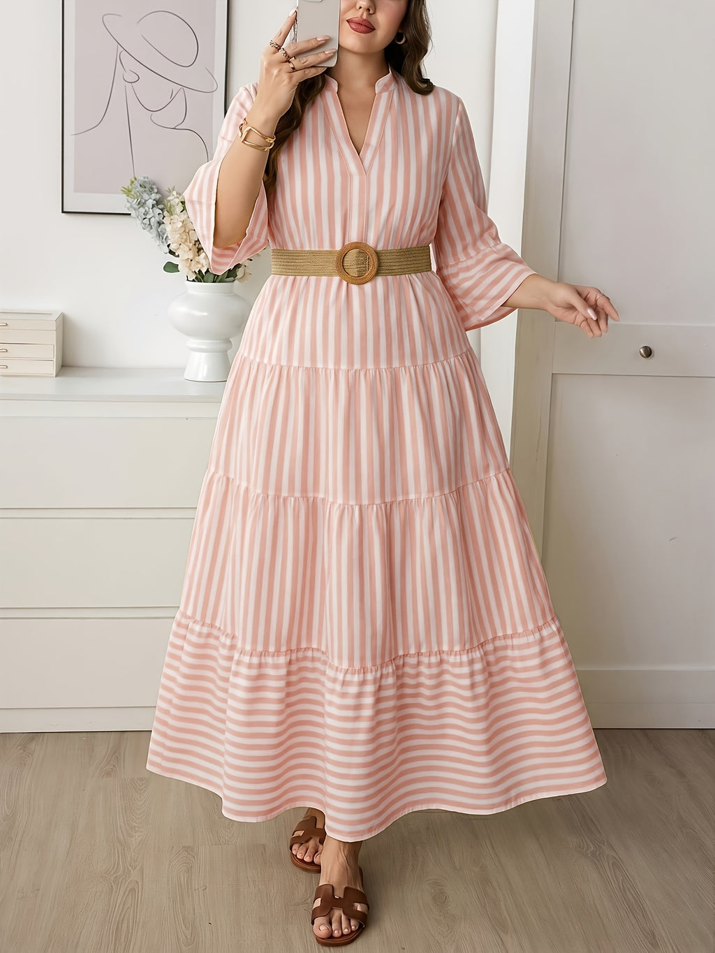 Plus Size Women'S Stand Collar V-Neck Layered Cake Dress, Yellow White Pinstripe Gentle Style Dress, Suitable for Vacation Outings, Fresh Casual Style, Fine Vertical Stripes Pattern, Women'S Clothing, Women'S Dress, Pastoral Vacation Style - Pink Color