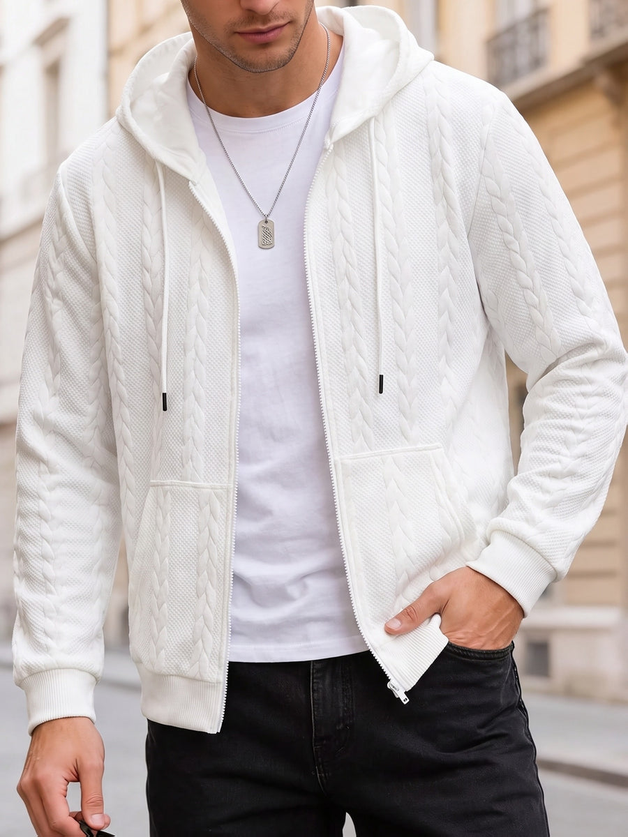 1 Men's Casual Thick Knit Hooded Shirt | High-End Soft Texture Skin-Friendly Fabric | Full Zipper Closure Design | Ribbed Cuffs | Geometric Pattern Jacquard Texture | Loose and Comfortable Fit | Soft, Skin-Friendly, Comfortable, and Warm | for Indoor - Pure White