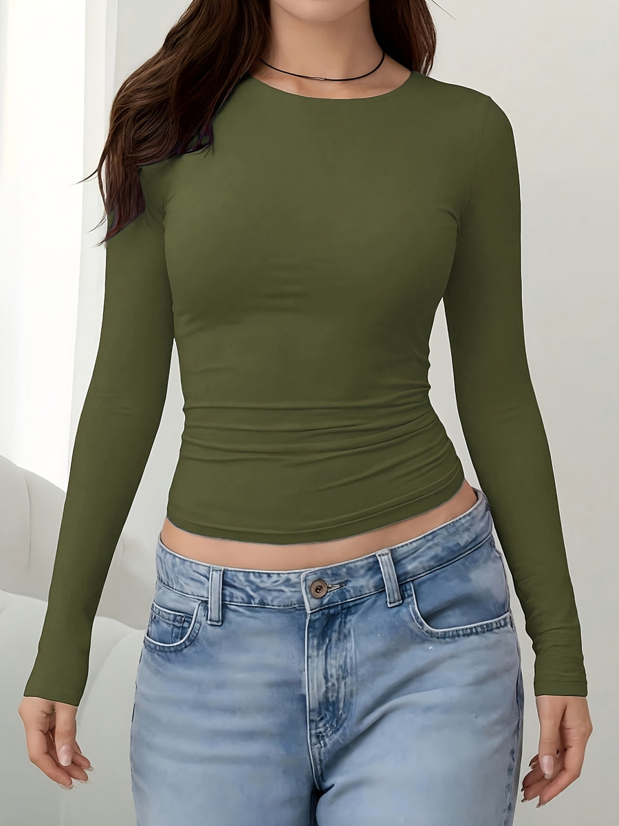 European and American Fashion Women's Solid Color Casual Round Neck Base Layer Top - Military Green