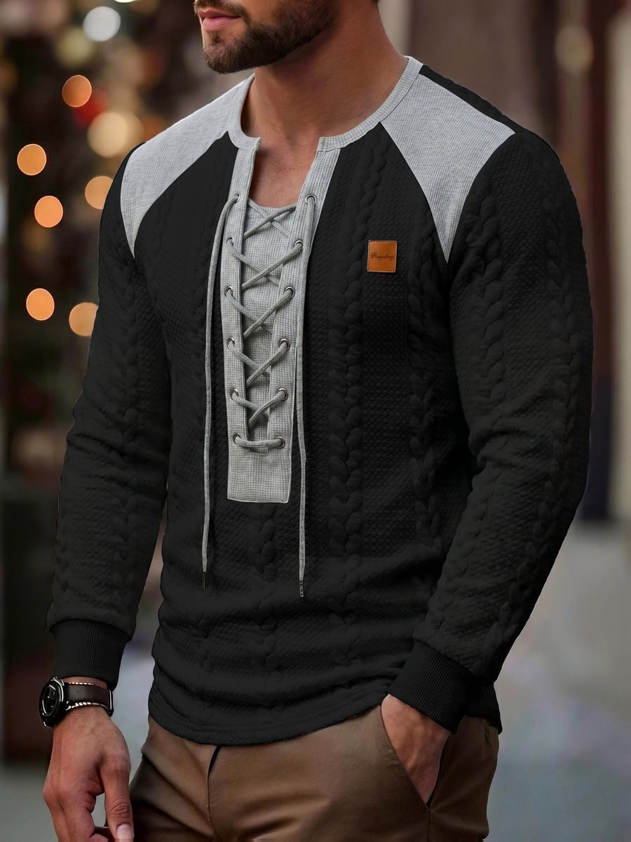 ROYALBOY Men's Long Sleeve Drawstring Perforated Design Soft Textured Henley Shirt with Small Logo, Suitable for Outings, Parties, and Casual Wear - Black