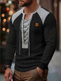 ROYALBOY Men's Long Sleeve Drawstring Perforated Design Soft Textured Henley Shirt with Small Logo, Suitable for Outings, Parties, and Casual Wear - Black