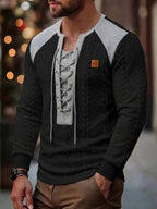ROYALBOY Men's Long Sleeve Drawstring Perforated Design Soft Textured Henley Shirt with Small Logo, Suitable for Outings, Parties, and Casual Wear - Black