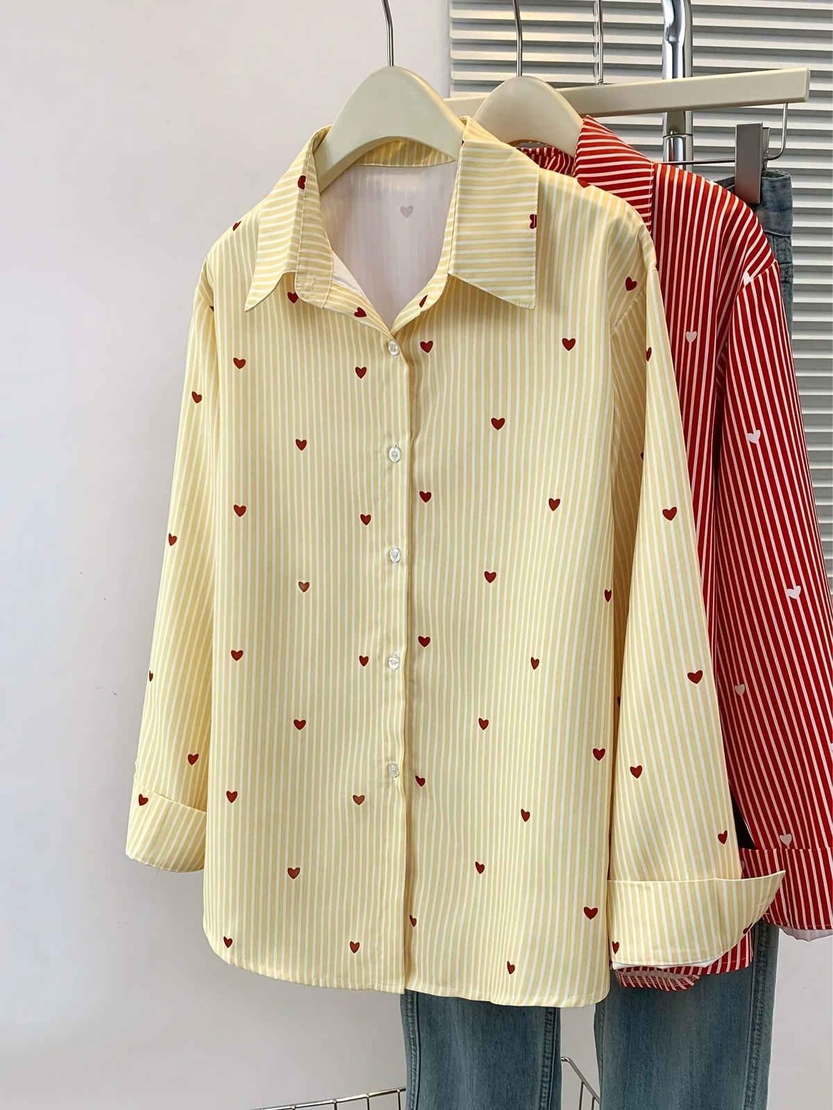 Women'S Heart Print Polo Collar Striped Shirt - Casual Collared Long Sleeve Blouse, Perfect for Spring Summer Fall Casual Wear - Yellow