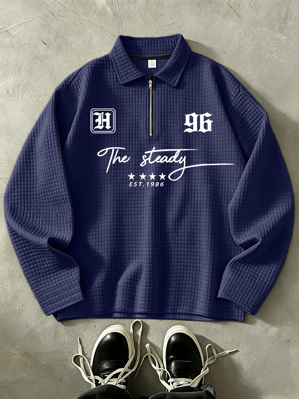 THE STEADY Men'S Half-Zip Fashion Waffle Texture Autumn Winter Casual Athletic POLO Shirt, Street Style Versatile Trendy Long Sleeve Top - Navy Color