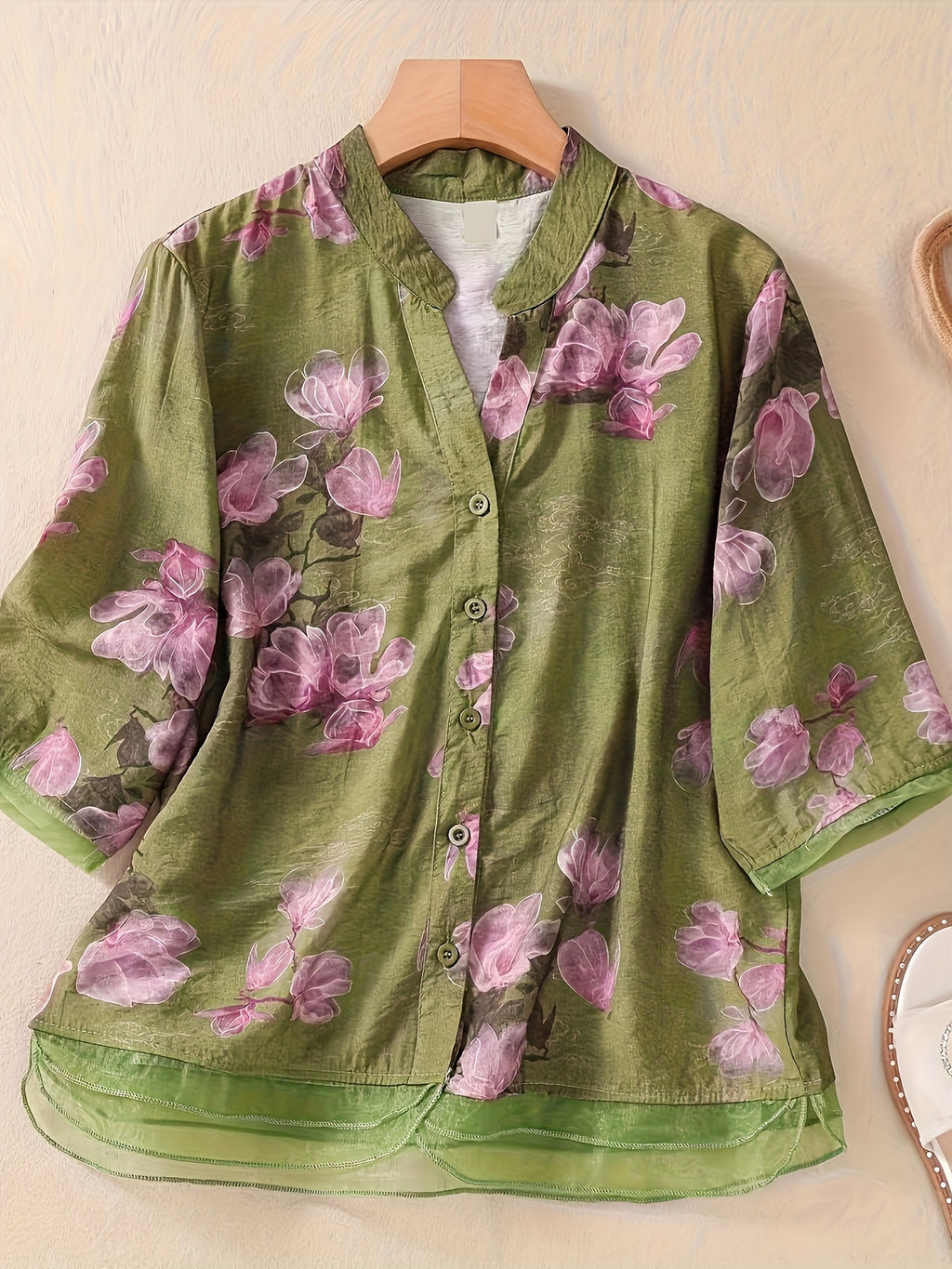 Women'S Printed Stand-Up Collar Mid-Sleeve Shirt, Spring And Summer Casual Versatile Cardigan Top - Green