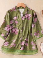 Women'S Printed Stand-Up Collar Mid-Sleeve Shirt, Spring And Summer Casual Versatile Cardigan Top - Green