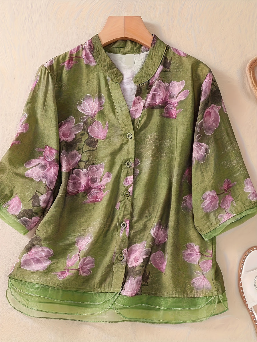Women'S Printed Stand-Up Collar Mid-Sleeve Shirt, Spring And Summer Casual Versatile Cardigan Top - Green