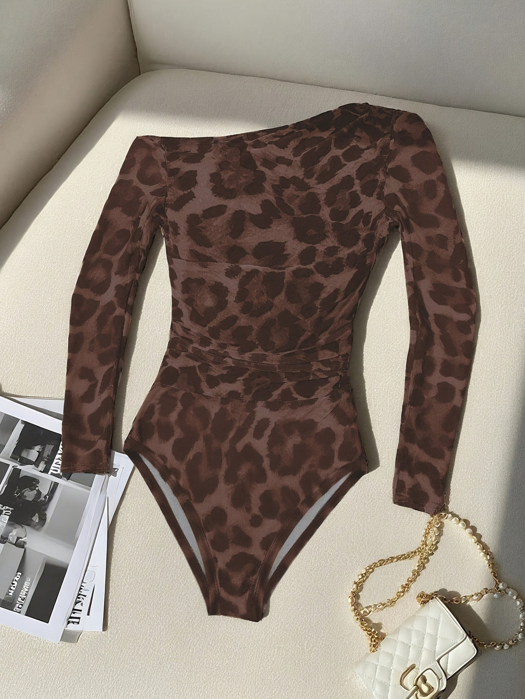 Women's Leopard Print One-Shoulder Bodysuit, Slim Fit, Tight, Sexy Hot Style, Versatile Inner Top for Nightclub and Date Atmosphere - Mixed Color 1