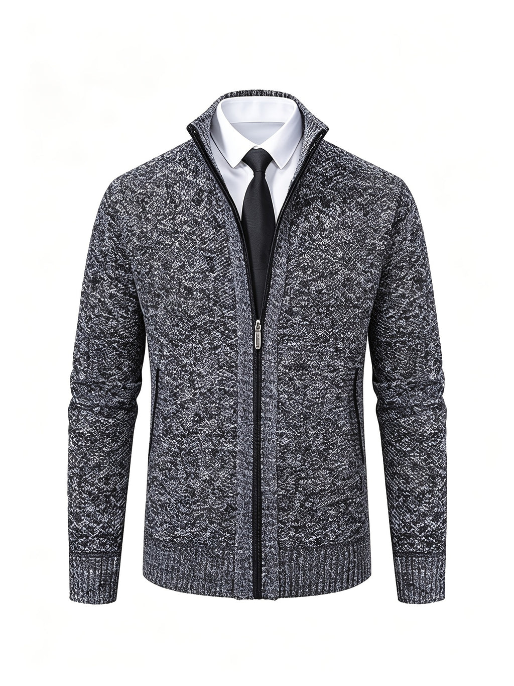 Men's Stand Collar Zip Up Knitted Cardigan Jacket, Casual Business Long Sleeve Sweater Coat with Pockets, Fall Winter Thick Warm Knit Outerwear for Men - Dark Gray