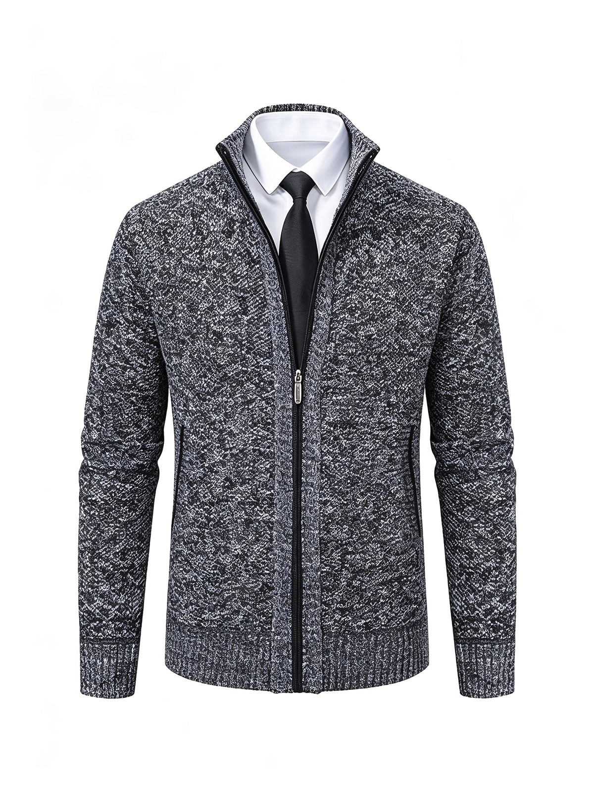 Men's Stand Collar Zip Up Knitted Cardigan Jacket, Casual Business Long Sleeve Sweater Coat with Pockets, Fall Winter Thick Warm Knit Outerwear for Men - Dark Gray
