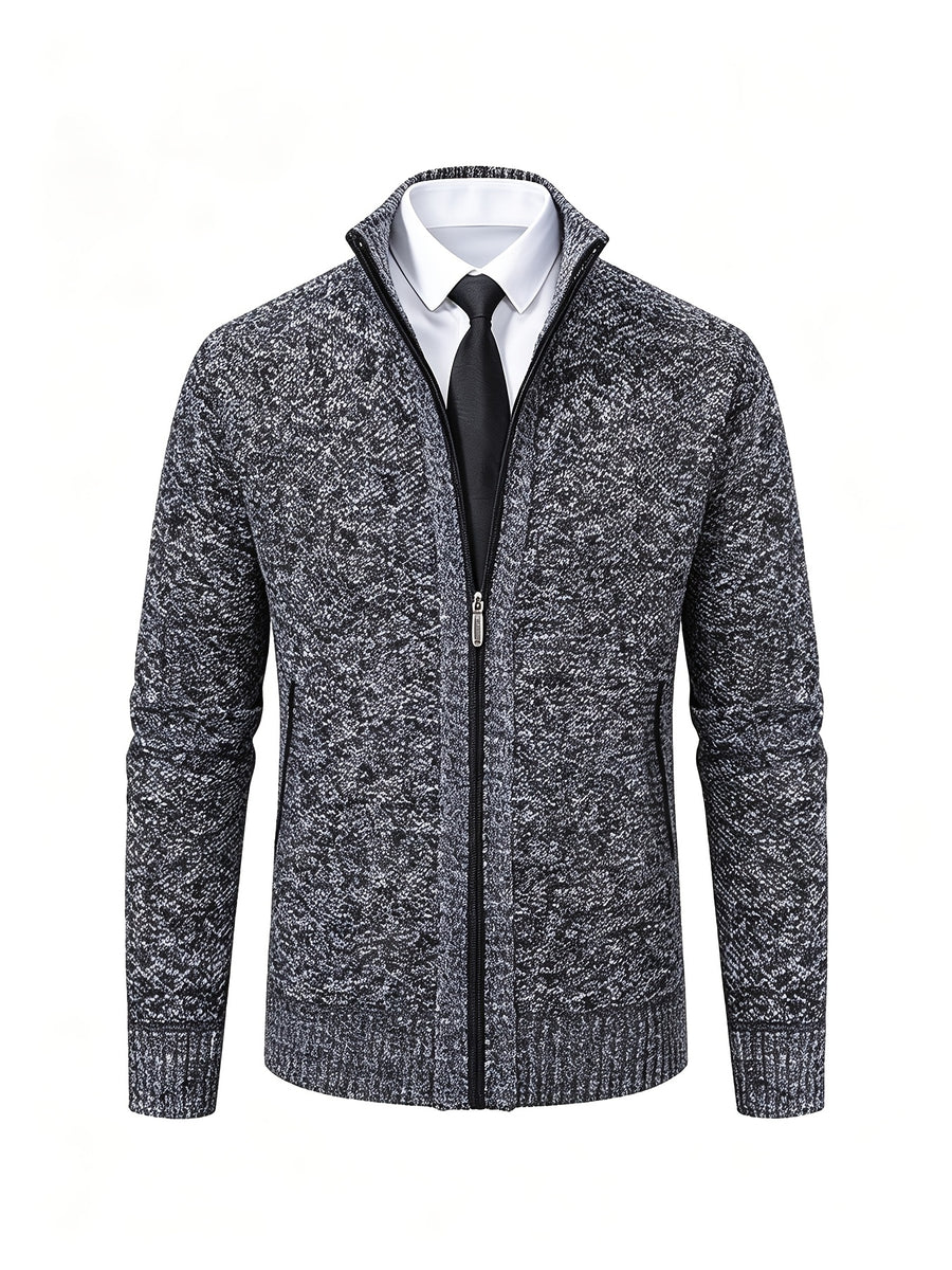 Men's Stand Collar Zip Up Knitted Cardigan Jacket, Casual Business Long Sleeve Sweater Coat with Pockets, Fall Winter Thick Warm Knit Outerwear for Men - Dark Gray