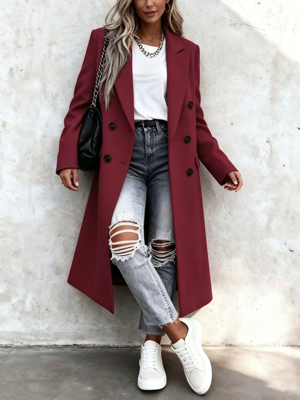 Over-The-Knee Long Premium Design Style Long Sleeve Trench Coat Women'S New Suit Collar Double-Breasted Casual Coat Jacket - Deep Red