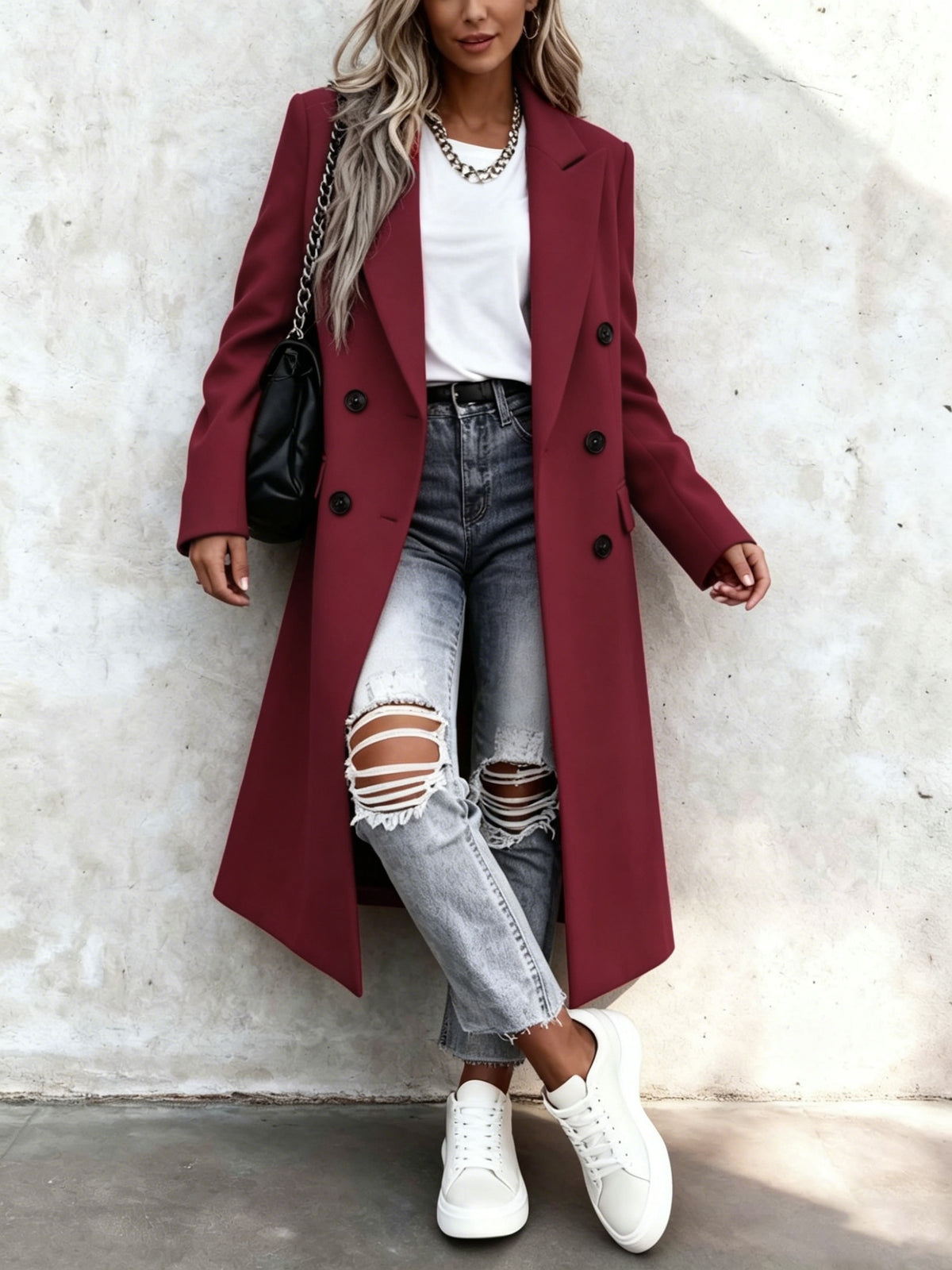 Over-The-Knee Long Premium Design Style Long Sleeve Trench Coat Women'S New Suit Collar Double-Breasted Casual Coat Jacket - Deep Red
