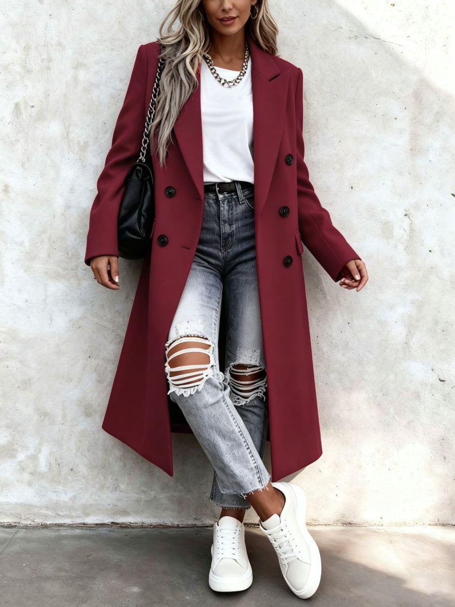 Over-The-Knee Long Premium Design Style Long Sleeve Trench Coat Women'S New Suit Collar Double-Breasted Casual Coat Jacket - Deep Red