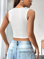 Women's Slogan Print Tie-Up Side Crop Tank Top, Ladies' Fashion Vest Top, Drawstring Sexy Sleeveless - White