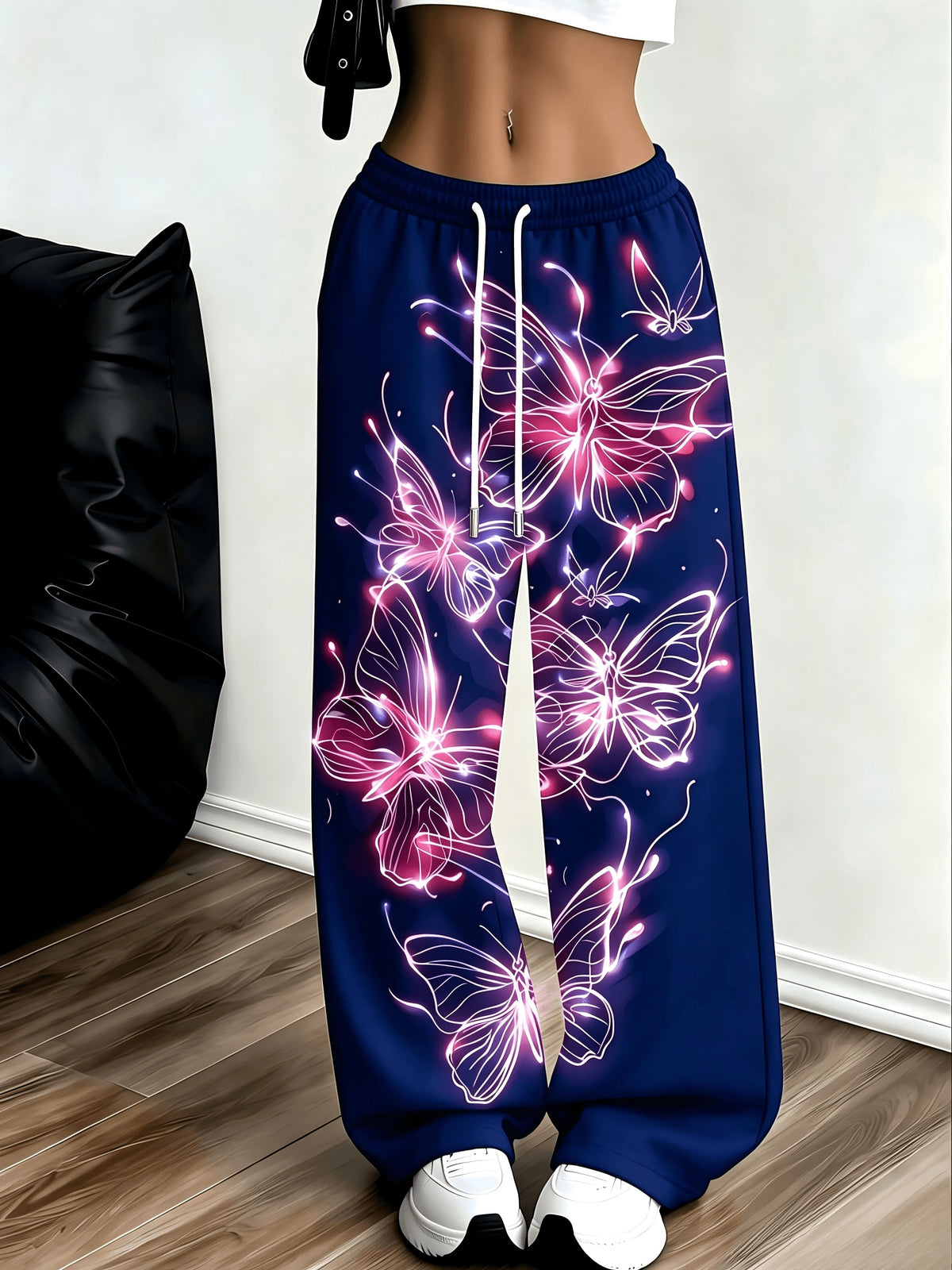 Women's Neon Butterfly Glow-in-the-dark Pattern Jogging Pants with Pockets, Elastic Waistband, and Straight-leg Design - Deep Blue