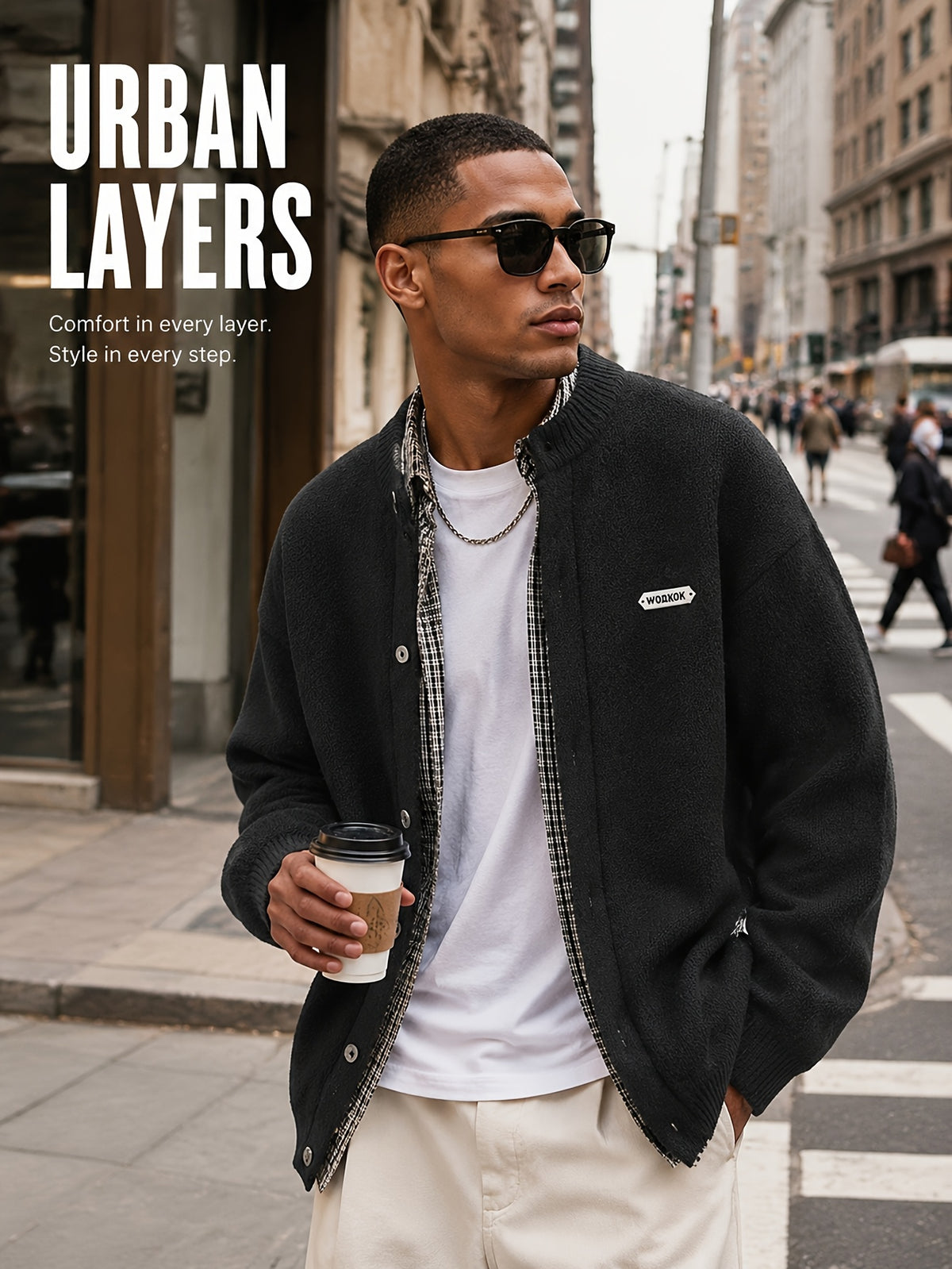 Daily Deal 1pc Men's Knit Cardigan with Baseball Collar, Plaid Trim, Button-Front, Small Label Decor, Urban Street Style, Spring & Fall Loose Fit Daily Sweater Outerwear - Black