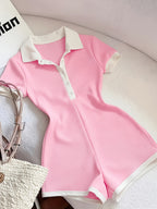 1 Piece of Color-blocked Elegant Slim-fit Lapel Mini Jumpsuit with White Trim, a for Back-to- Season and Daily Wear - Pink Color