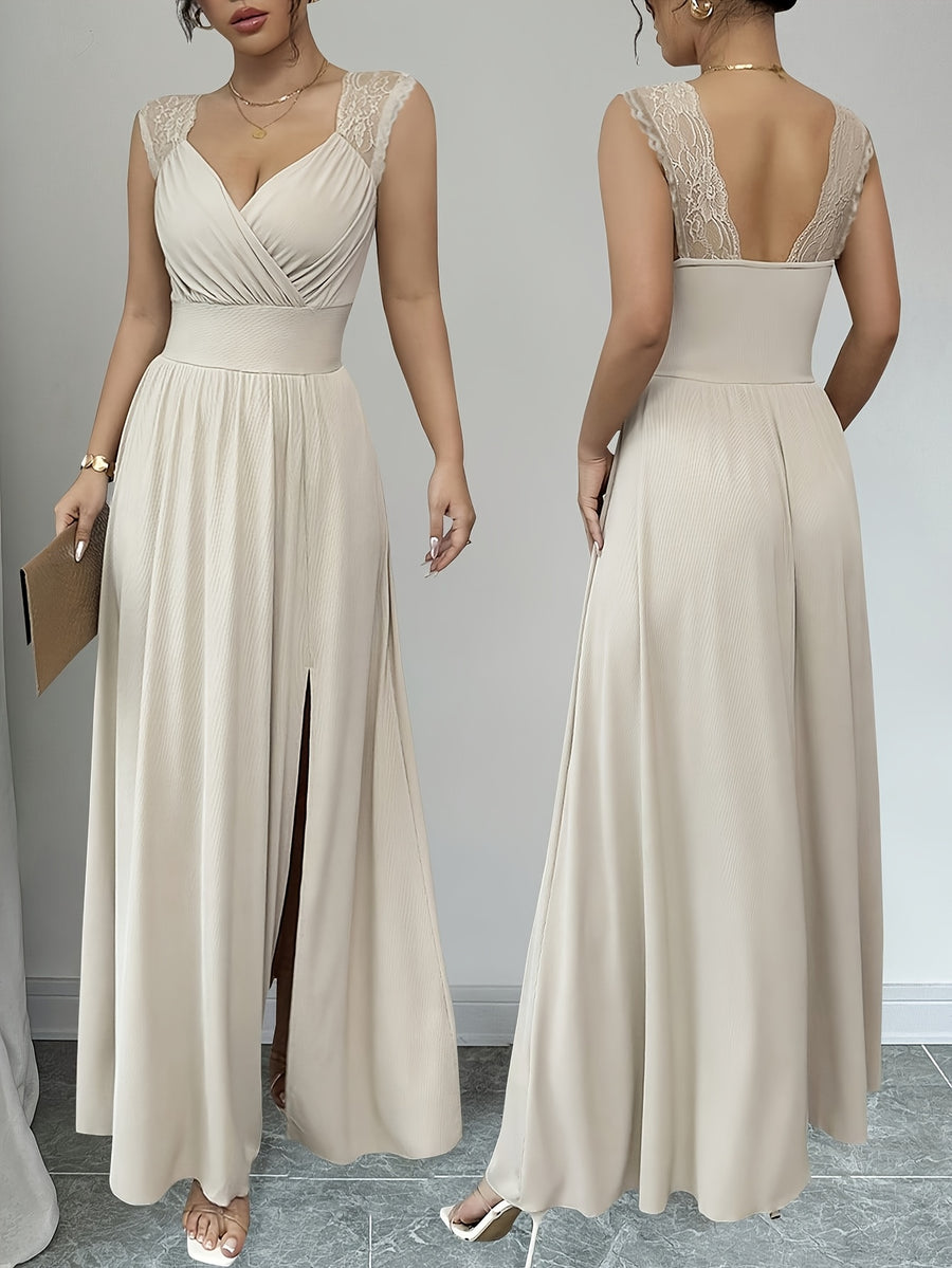 Women'S French Style V-Neck Lace Trimmed Dress - Apricot