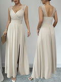 Women'S French Style V-Neck Lace Trimmed Dress - Apricot