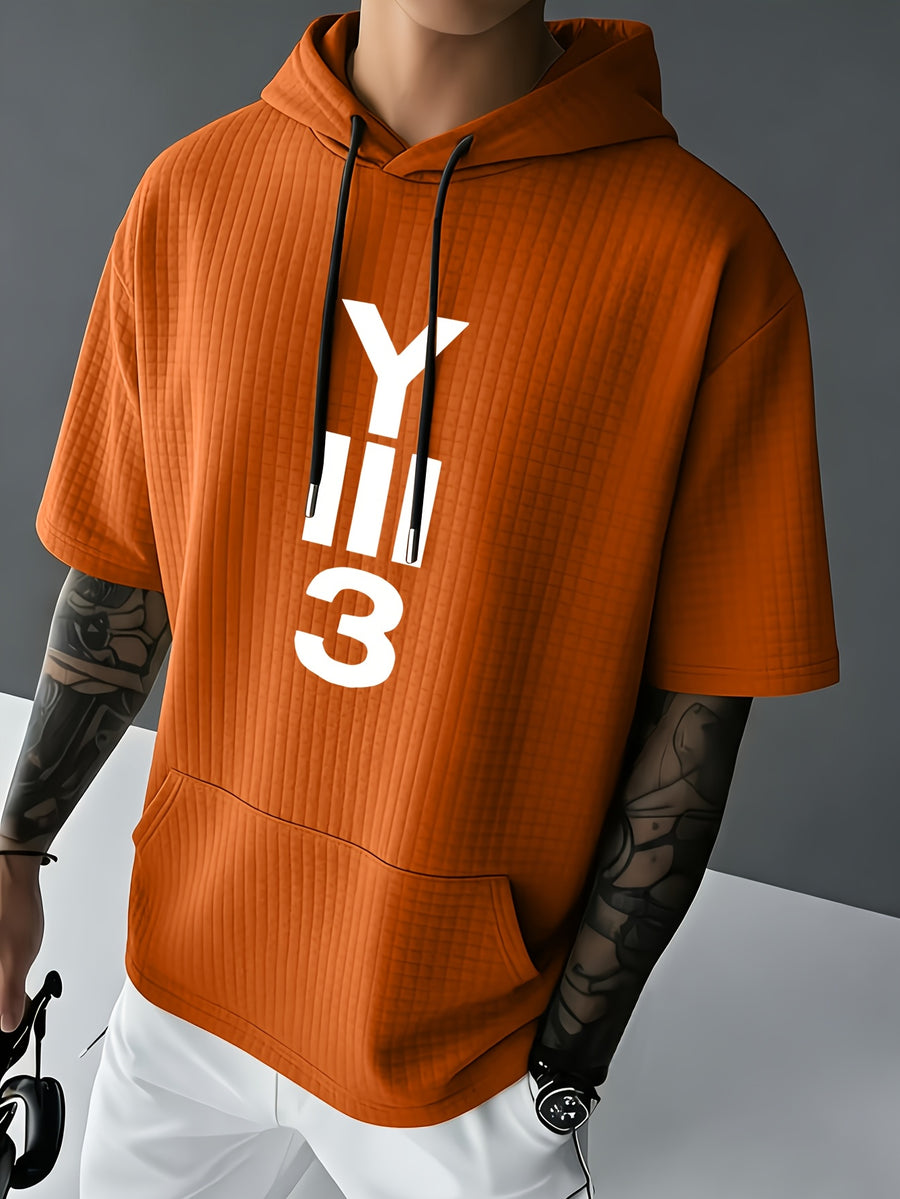 Y3 Men's Waffle Knit Short Sleeve Hooded Sweatshirt with Comfortable Print and Drawstring, Short Sleeve T-Shirt with Pocket, Summer Casual Fashion Men's Apparel, Suitable for Outings and Home Wear, Suitable for Daily and Formal Wear, Simple Summer - Orange-Red