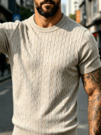 Men's Summer Solid Color Crew Neck Knit Short Sleeve Slim Fit Lightweight Half-Sleeve Top, Premium Basic Crew Neck Knitwear, Versatile Casual Base Layer for Daily Commuting - Yami Apricot