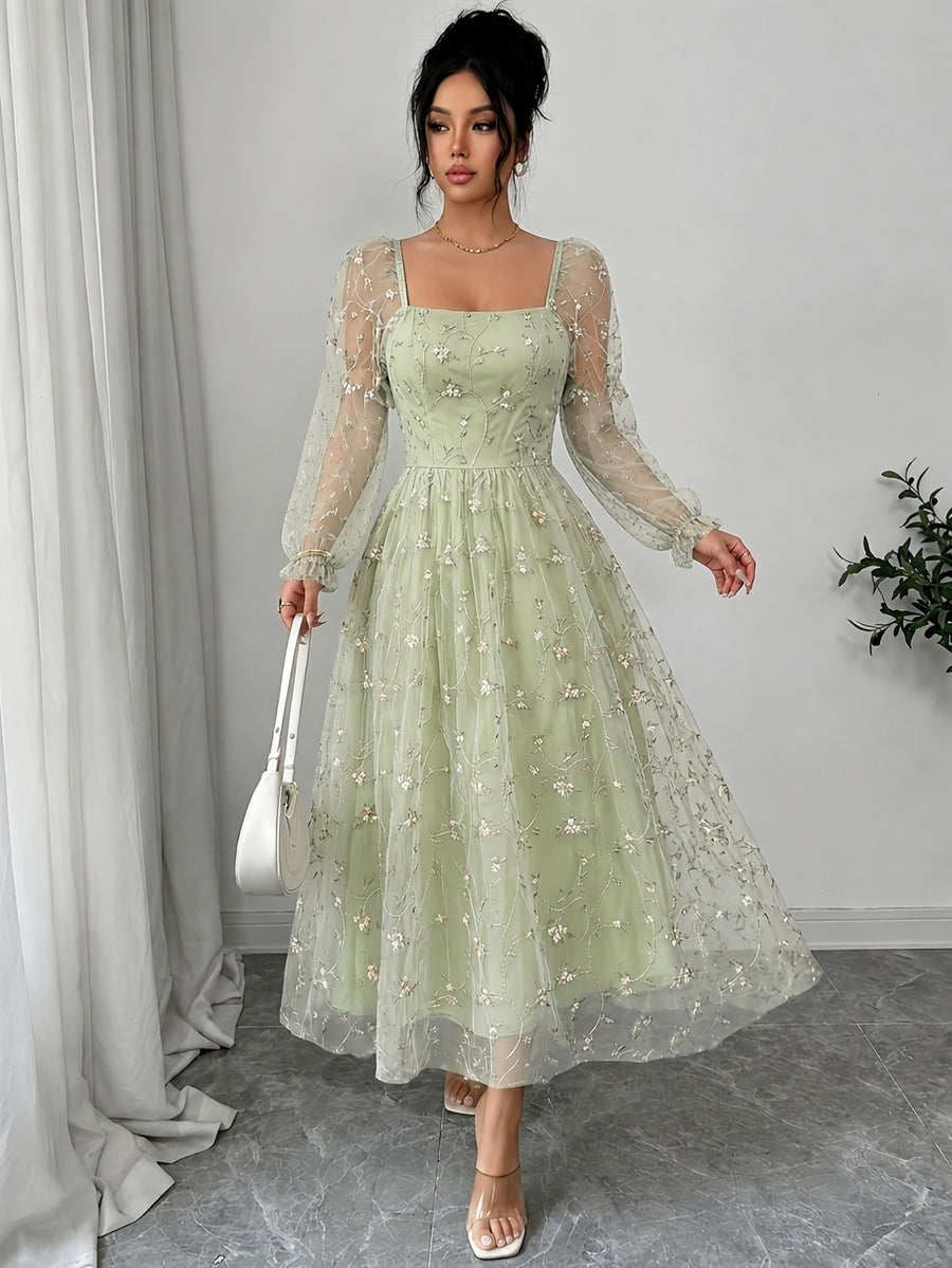 Directional Elegant Women'S Clothing Mesh Embroidered Solid Color Long Sleeve Dress - Light Green