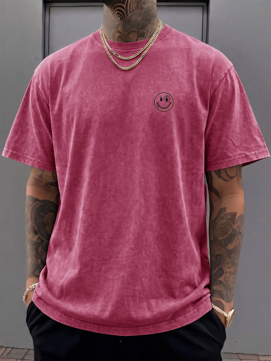 Short-sleeve T-shirt, Half-sleeve Top with a Small Joyful Face and Simple Circular Logo Print on the Chest, Trendy Print Available in 12 Colors for Mix-and-match. Made of Pure Cotton with a Washed and Distressed Effect, Featuring a Loose Fit. - Rose Red