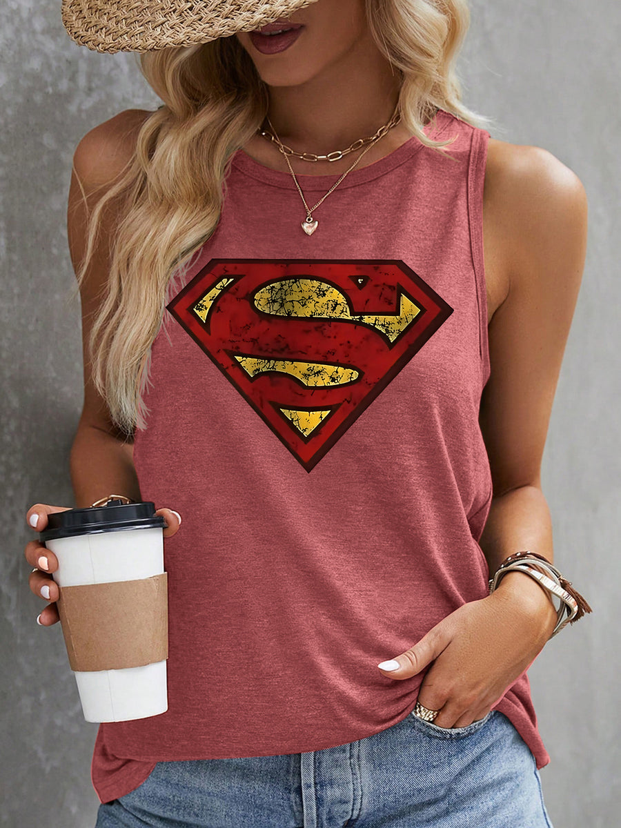 Women's Elegant Tank Top with Superman Vintage Logo Print, Soft Stretchy Round Neck Casual Vintage Style Top, Warner Bros., Suitable for Daily and Vacation Wear in Spring, Summer, and Autumn, Sizes S-XXL, Fashionable and Breathable Design - Brick Red
