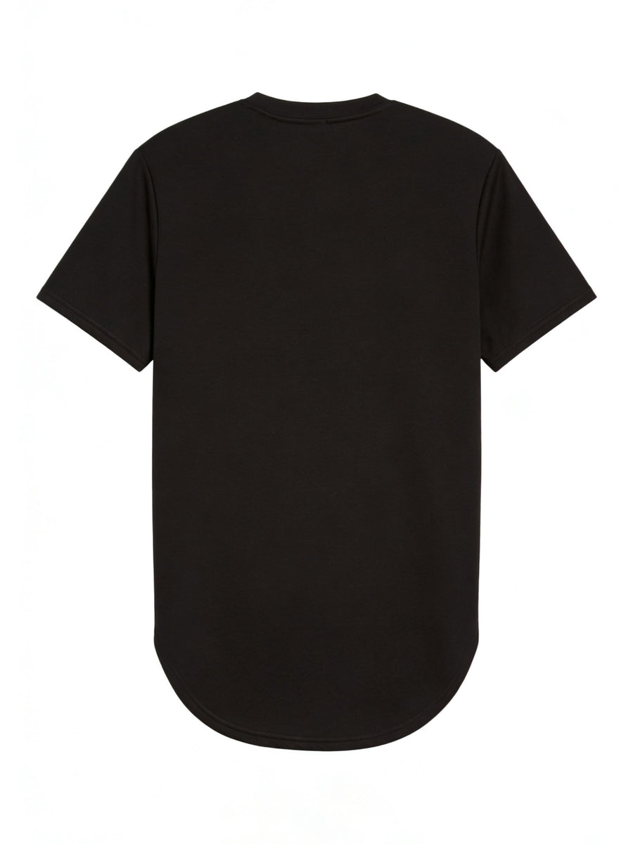 Men's Longline Statement Graphic T-Shirt - Bold Contrast Crew Neck Short Sleeve Tee, Lightweight 100% Polyester, Minimalist Regular Fit Summer Casual Top with Contrast Print Suitable for Casual Attire & Layering - Black