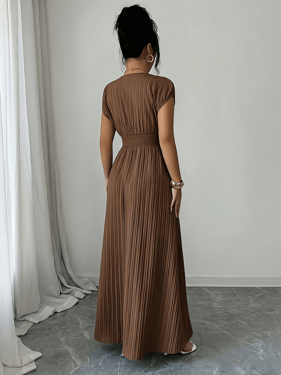 Women'S V-Neck Sleeveless Midi Dress, Textured Fabric, Waist-Cinching Design, Elegant Vacation Style, Spring/Summer Collection [Gavin] - Dark Brown