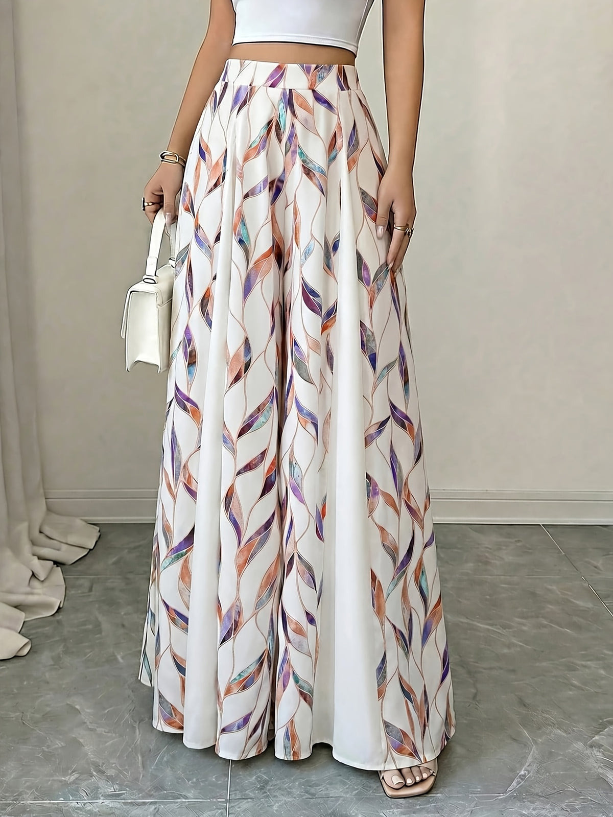 Women'S Elegant Printed Patchwork A-Line Long Skirt Pants - Apricot