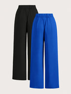 High-Waisted Wide-Leg Pants Two-Piece Set - Royal Blue+black
