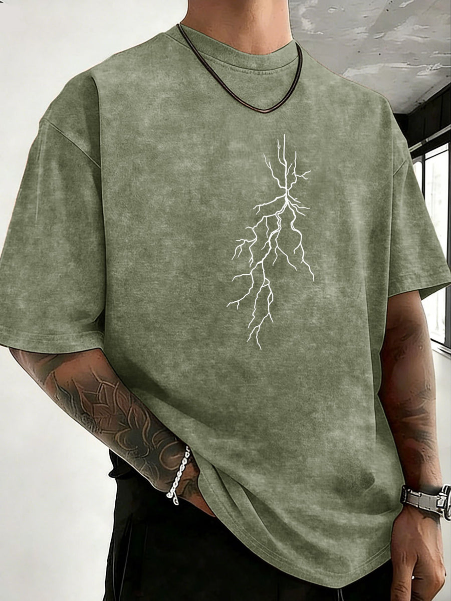 Men 100% Washed Distressed Crew Neck Short-Sleeve T-Shirt, Sketch Lightning Graphic Position Double-Sided Print, Trendy Loose Casual Tee Tops, 12 Colors Available - Olive Green