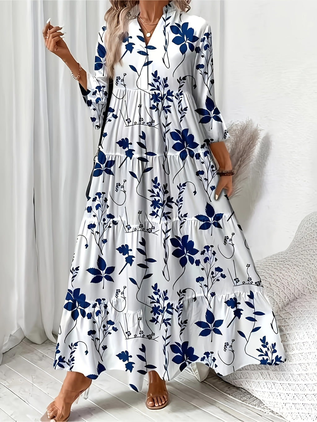 Directional Floral Print V-Neck Pleated Long-Sleeve Dress - White