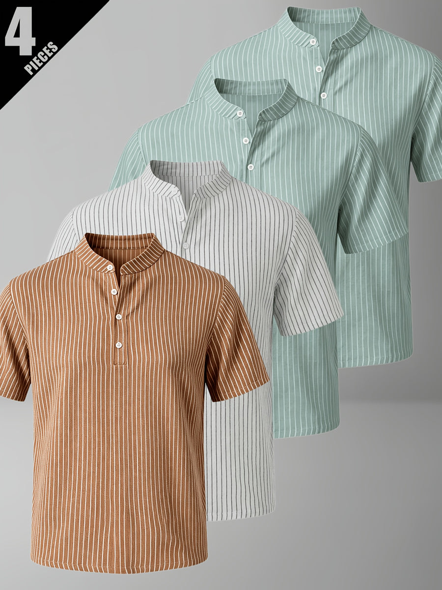 4pcs Men'S Casual Striped Linen Blend Henley Shirts, Breathable Short Sleeve Summer Tops, Suitable for Daily, Beach, And Vacation - Mixed Colors 17