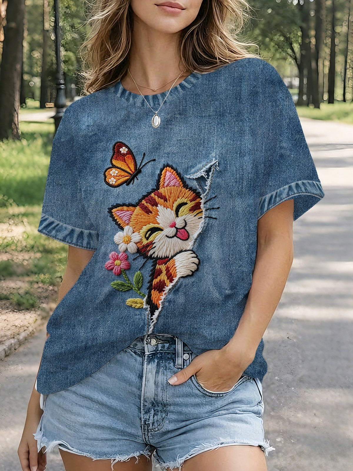[Printed Pants - Not Denim Fabric] 2026 Summer/Autumn New Standard Size Women's Imitation Denim Faux Embroidery Cat Print Short Sleeve T-Shirt, Soft and Cute Casual Style, Suitable for Home, Leisure, and Commuting in Multiple Scenarios - Mixed colors