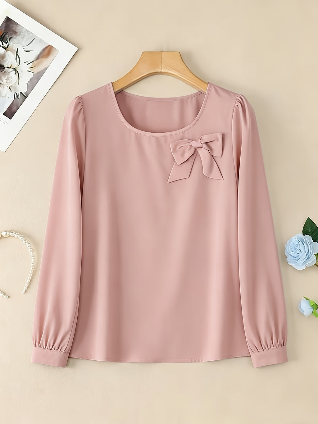 Elegant Casual Long-Sleeve Blouse with Bow and Lantern Sleeves, Solid Color Top ASD1 - Pink