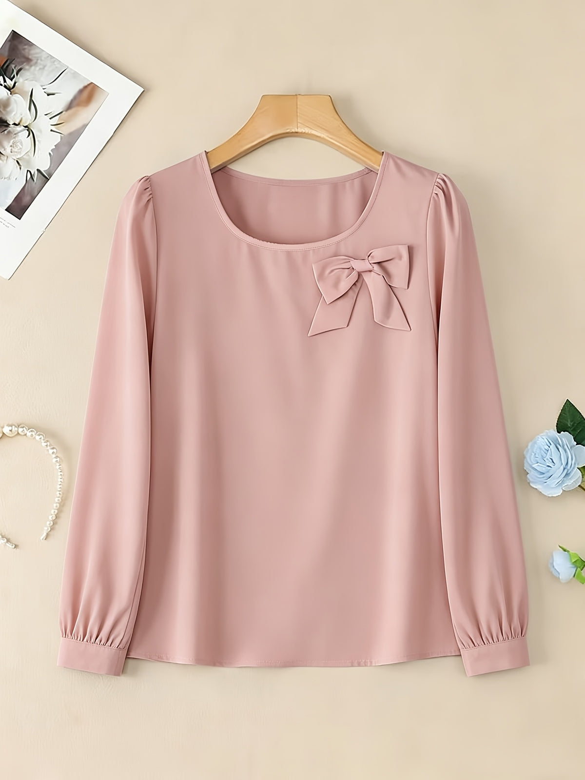 Elegant Casual Long-Sleeve Blouse with Bow and Lantern Sleeves, Solid Color Top ASD1 - Pink